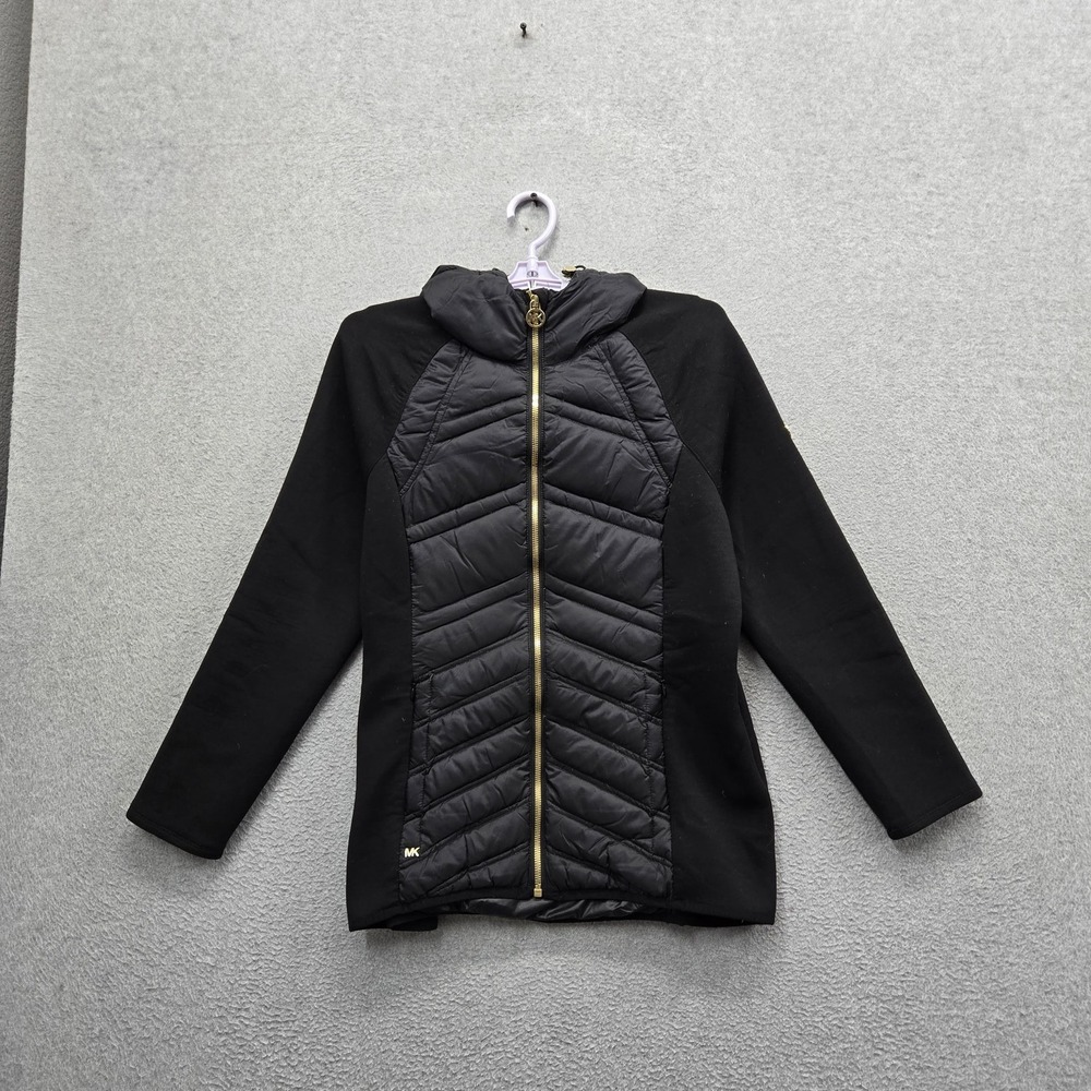 Michael Kors Women Jacket M Black Down Zipper Logo Stretchâ Puffer Hooded